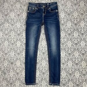miss me skinny jeans thick stitch dark wash mid rise rhinestones women's 25"x28"